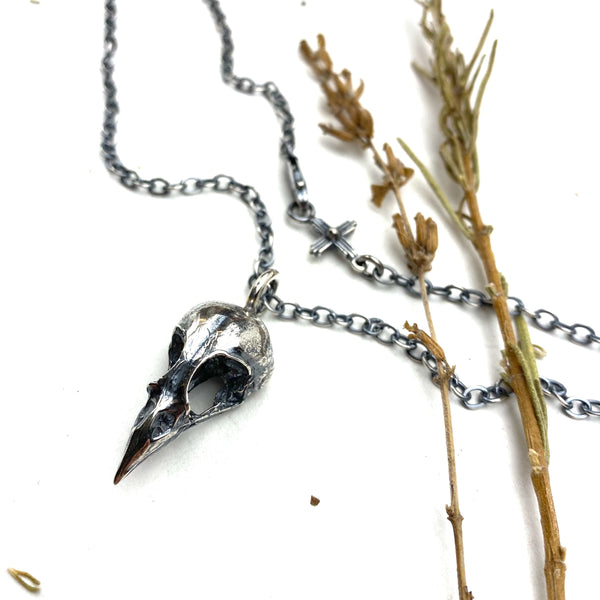 Sterling Silver Finch Skull Necklace